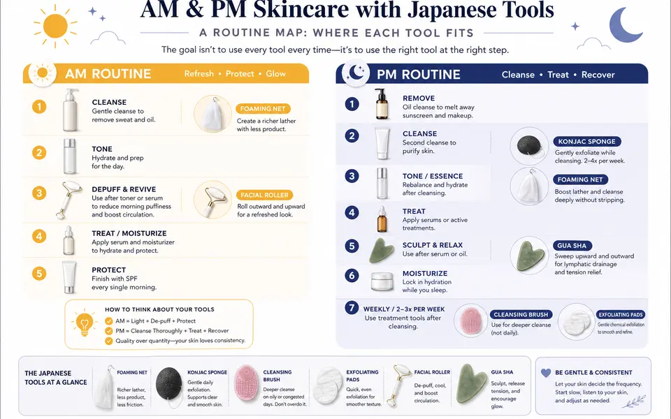 Diagram of a simple morning and night skincare routine showing where each Japanese tool fits.