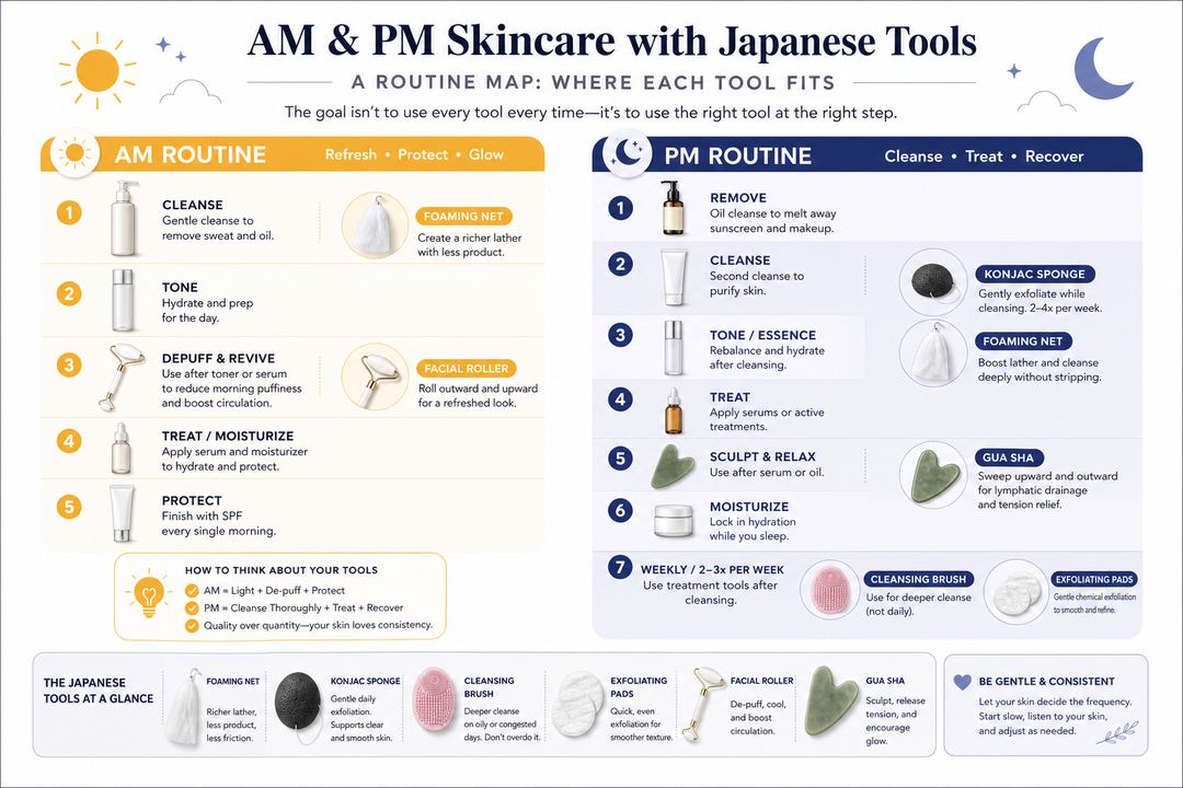 Diagram of a simple morning and night skincare routine showing where each Japanese tool fits.
