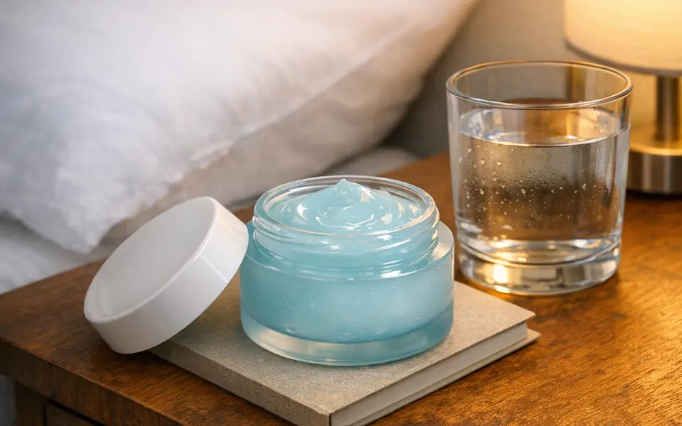 Open jar of lightweight gel night cream on a bedside table next to a glass of water