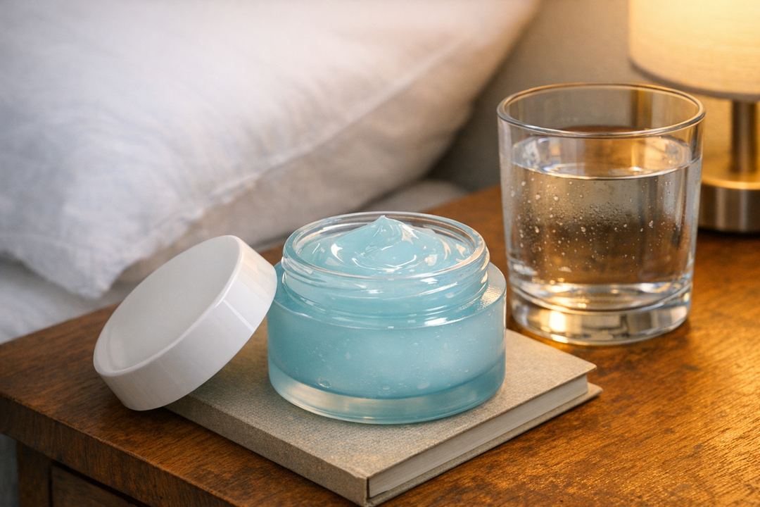 Open jar of lightweight gel night cream on a bedside table next to a glass of water
