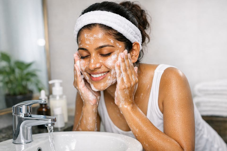 Indian woman washing her face with a foaming cleanser at a bathroom sink