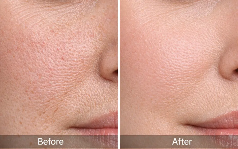 Close-up split image of cheek skin texture showing smoother appearance after consistent niacinamide use