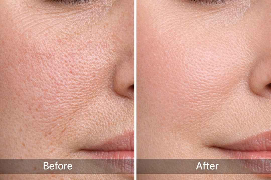 Close-up split image of cheek skin texture showing smoother appearance after consistent niacinamide use