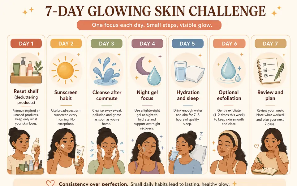 Seven-day skincare challenge calendar showing a single focus for each day, from resetting products to sunscreen habit, cleansing, overnight gel, hydration, optional exfoliation and review.