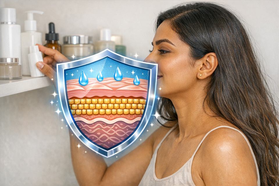 Indian woman looking at her skincare shelf, with a shield overlay symbolising a protected skin barrier.