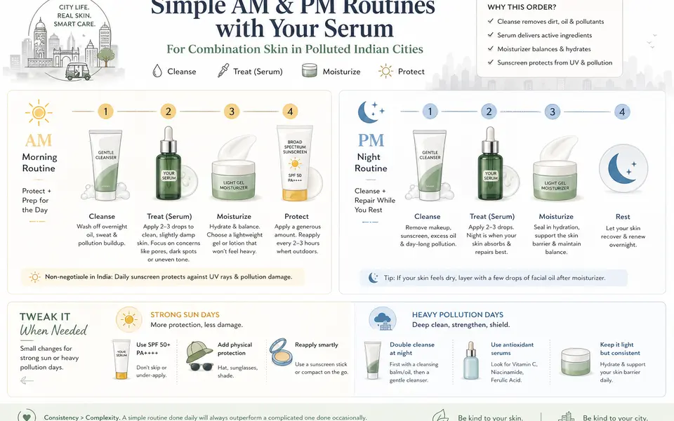 Diagram of basic morning and night skincare routine steps for combination skin living in polluted Indian cities.