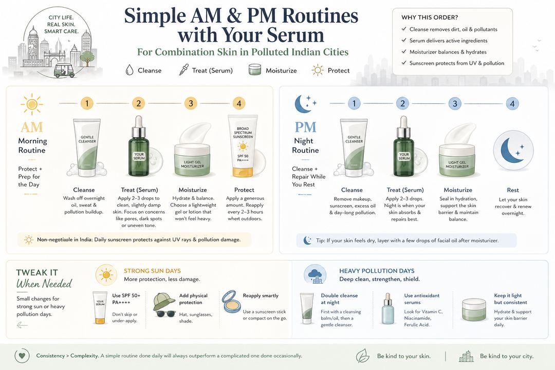 Diagram of basic morning and night skincare routine steps for combination skin living in polluted Indian cities.