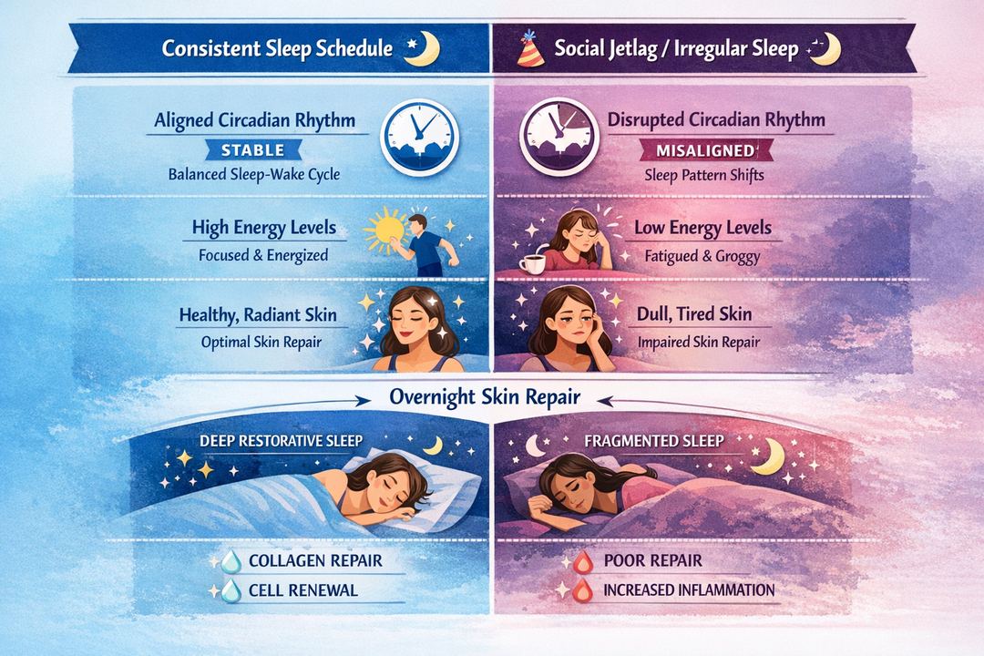 Infographic showing how regular vs irregular sleep affects circadian rhythms, energy, and skin glow.