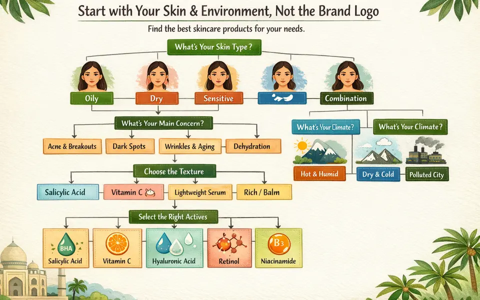 Decision-tree style infographic helping Indian users pick skincare priorities based on skin type, concerns and climate.