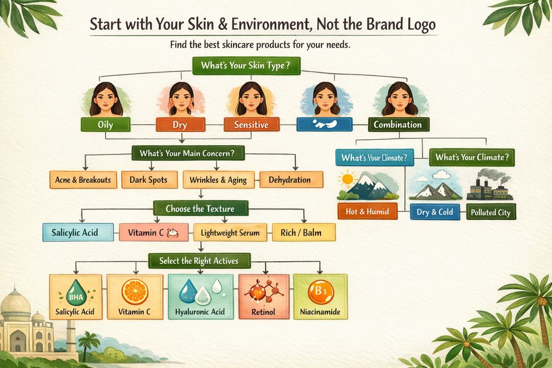 Decision-tree style infographic helping Indian users pick skincare priorities based on skin type, concerns and climate.