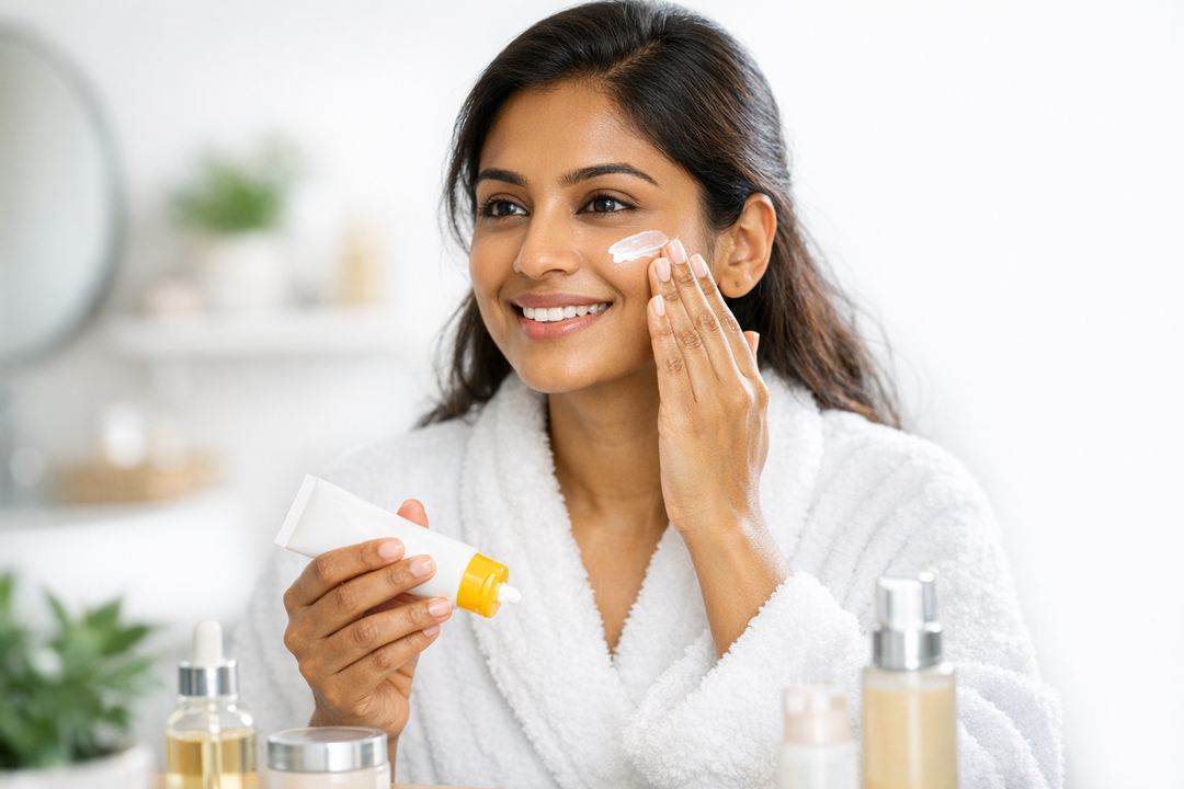 Indian woman applying sunscreen over moisturizer as part of a brightening skincare routine
