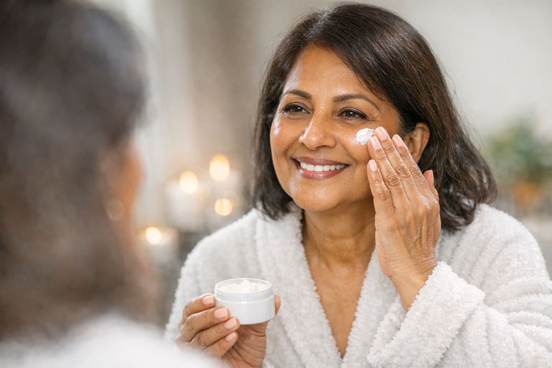 Smiling Indian woman over 50 gently applying face cream in front of a mirror