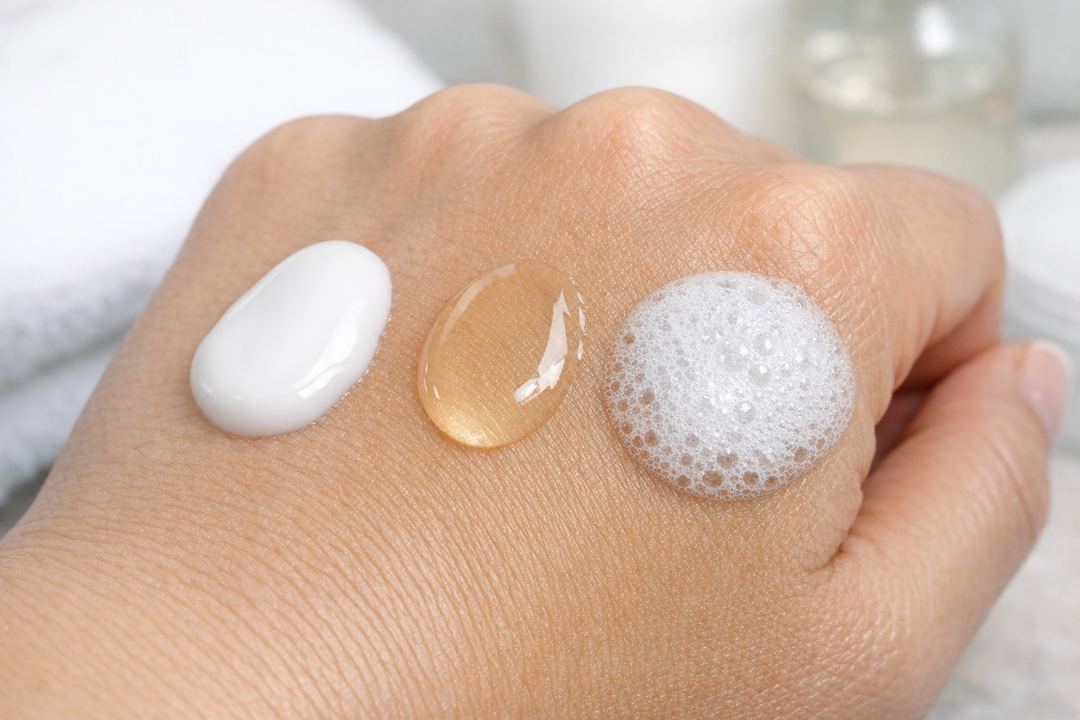 Close-up of three cleanser textures on a hand: milky lotion, clear oil, and foaming gel.