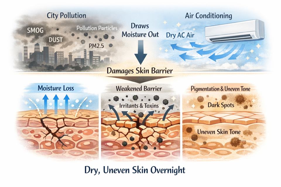 Infographic showing how city pollution and AC damage the skin barrier leading to dryness and uneven tone overnight