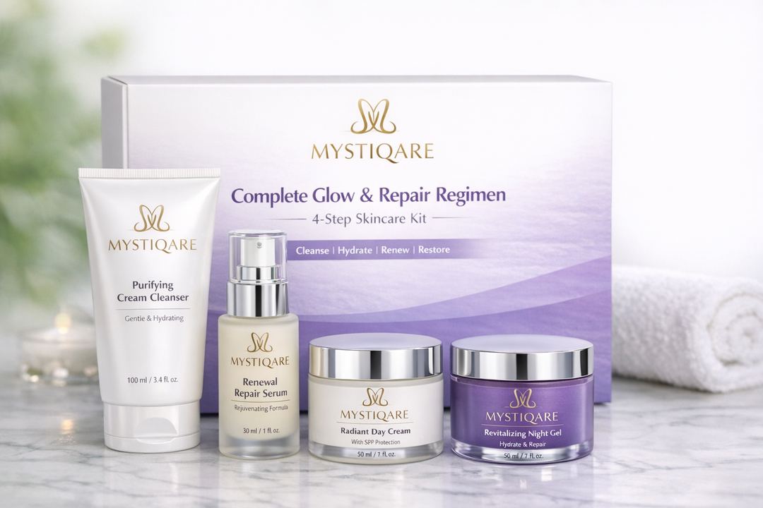 Mystiqare Complete Glow & Repair Regimen 4-step skincare kit with cleanser, serum, day cream, and overnight gel
