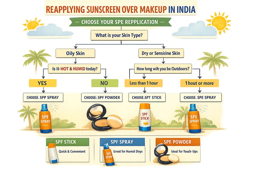Infographic flowchart showing how to choose between SPF stick, spray, or powder for reapplying over makeup in Indian weather.