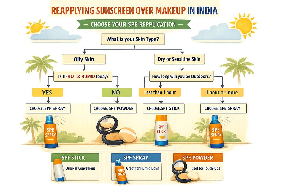 Infographic flowchart showing how to choose between SPF stick, spray, or powder for reapplying over makeup in Indian weather.
