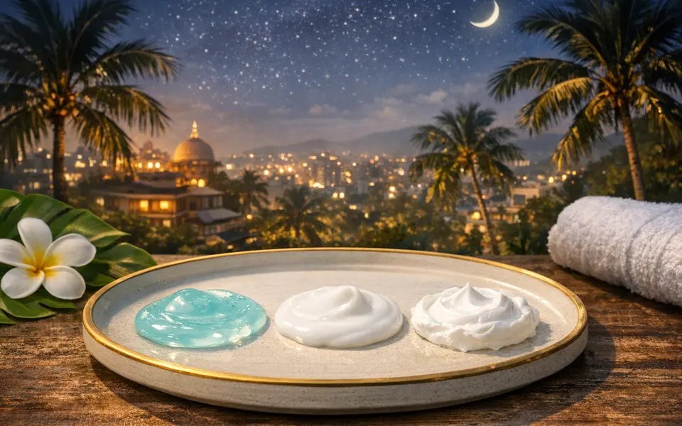Flatlay of three textures of night creams on a tray: gel, lotion and cream, with a tropical Indian night cityscape in the background.