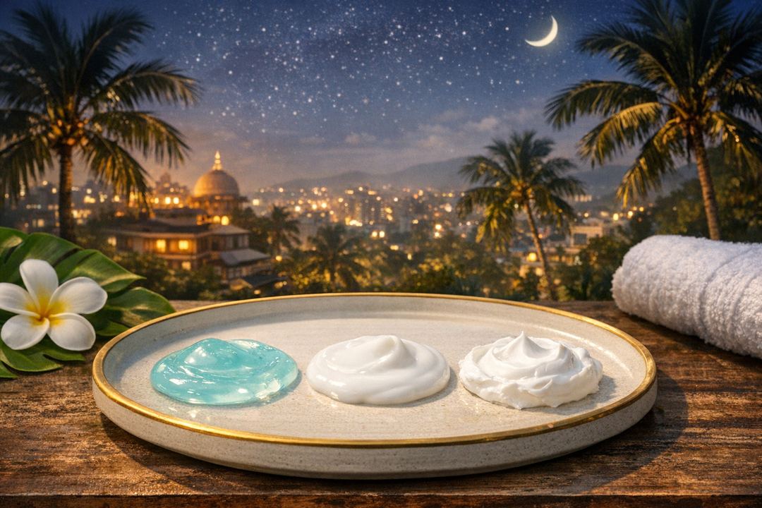 Flatlay of three textures of night creams on a tray: gel, lotion and cream, with a tropical Indian night cityscape in the background.
