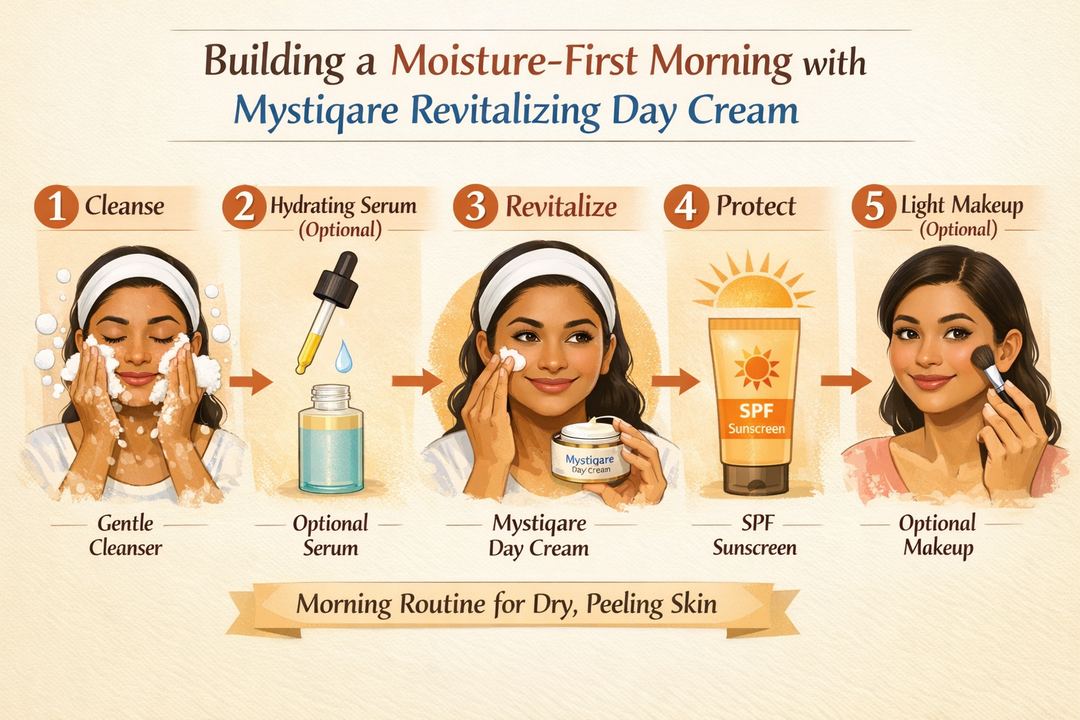 Infographic diagram of a simple morning routine for dry, peeling facial skin using gentle cleanser, Mystiqare Revitalizing Day Cream, sunscreen and optional makeup.