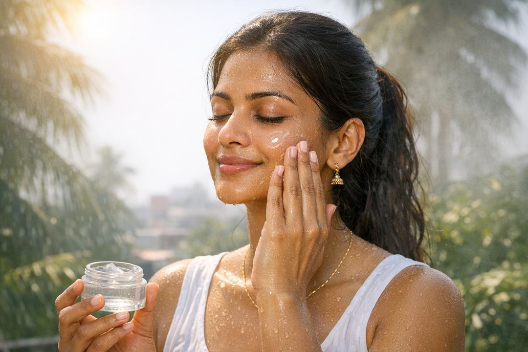 Indian woman applying a clear gel moisturiser to her face on a hot, humid day