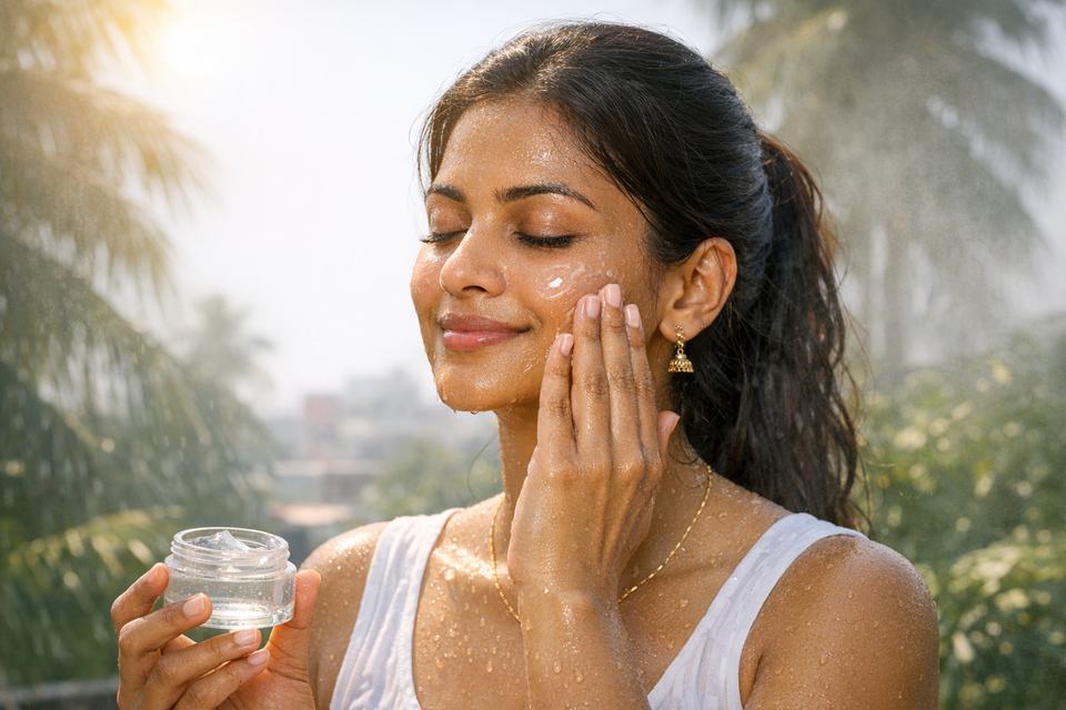 Indian woman applying a clear gel moisturiser to her face on a hot, humid day
