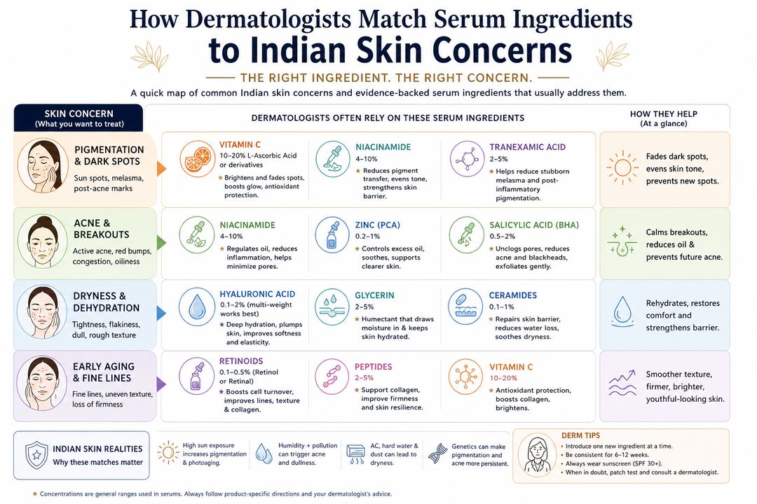Infographic mapping Indian skin concerns like pigmentation, acne, dryness, and early aging to serum ingredients such as vitamin C, niacinamide, hyaluronic acid, and retinoids.