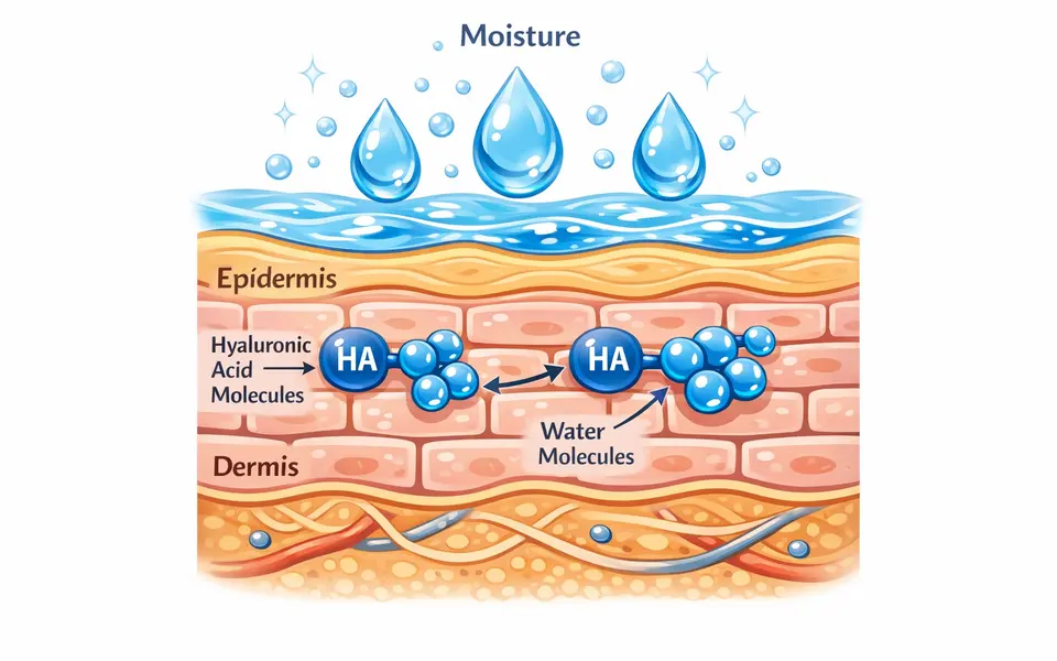 Simple illustration showing hyaluronic acid molecules holding water in the skin
