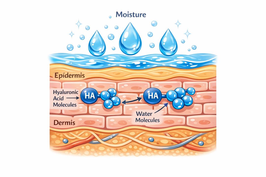 Simple illustration showing hyaluronic acid molecules holding water in the skin