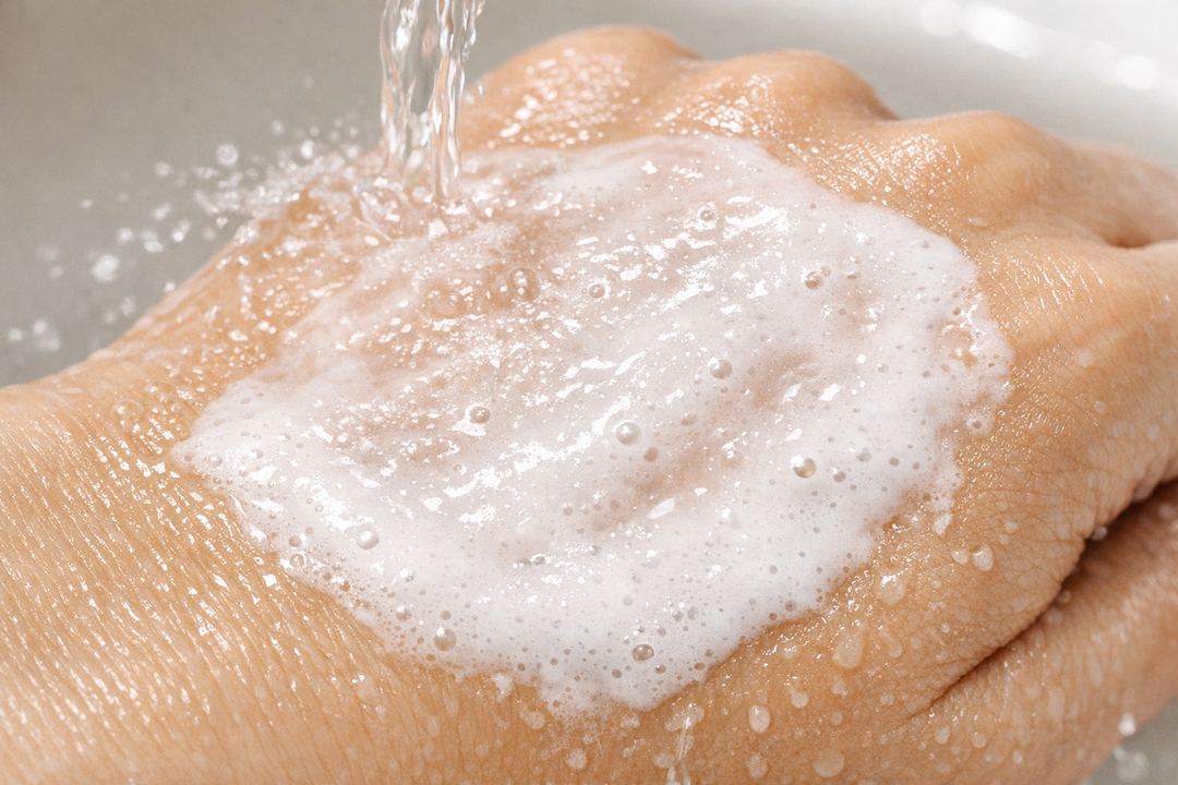 Close-up of an oil cleanser turning milky as water is added to the skin