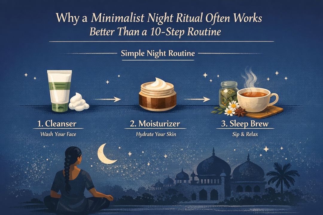 Infographic showing a minimalist Indian night routine with cleanser, moisturizer and one herbal sleep brew as simple steps on a timeline