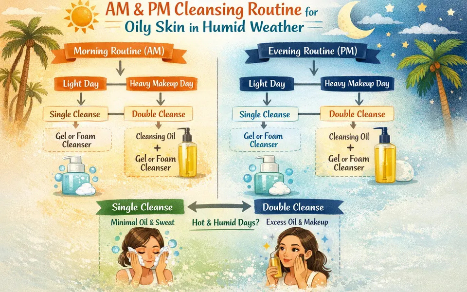 Soothing cleansing oil & face wash routine for early 20s plus oily skin in humid weather