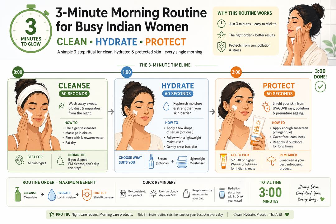 Infographic timeline of a 3-minute Indian morning skincare routine with cleanse, moisturise, and sunscreen steps.