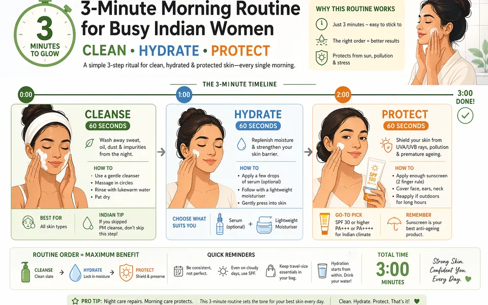 3-Minute Morning Routine for Busy Indian Women: Clean, Hydrate, Protect