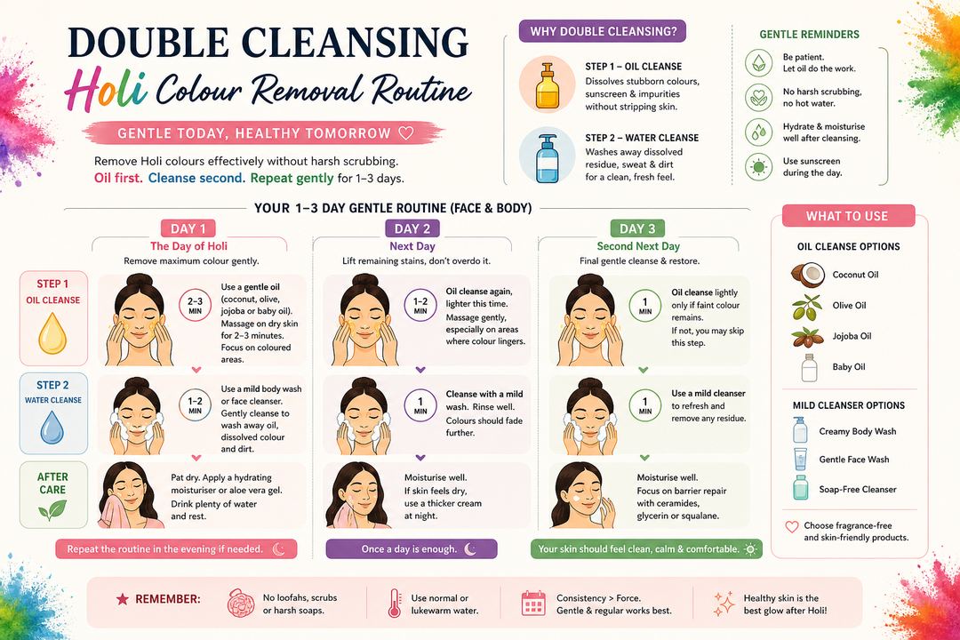 Infographic showing a gentle Holi colour removal routine for face and body using double cleansing over one to three days.