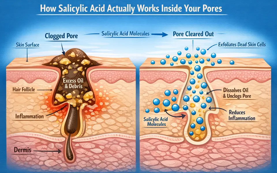 Cross-section illustration of a clogged facial pore being cleared by salicylic acid molecules.