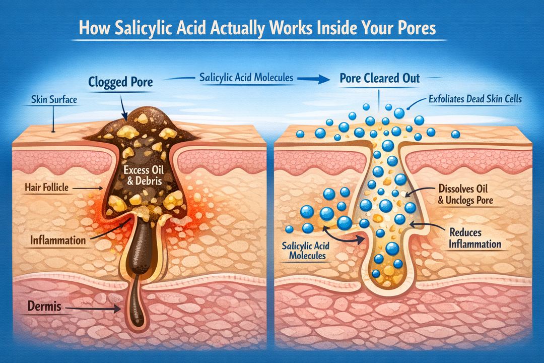 Cross-section illustration of a clogged facial pore being cleared by salicylic acid molecules.