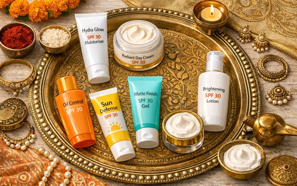 Flatlay of different SPF 30 moisturizers, day creams, and sunscreens on a vanity with Indian decor elements