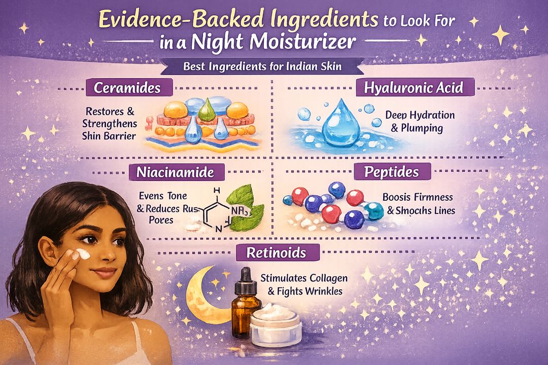 Infographic showing key night moisturizer ingredients like ceramides, hyaluronic acid, niacinamide, peptides and retinoids with their main benefits.