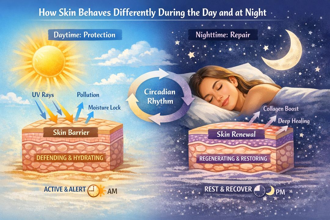 Diagram showing skin protecting itself during the day and repairing at night while a woman sleeps.