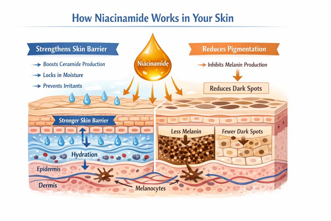 Illustration of skin layers showing how niacinamide strengthens the barrier and reduces pigmentation.