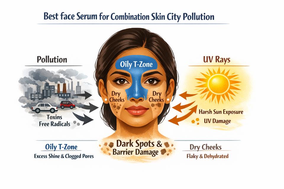 Infographic showing an Indian face with oily T-zone and dry cheeks, plus arrows from pollution and sun leading to dark spots and barrier damage.