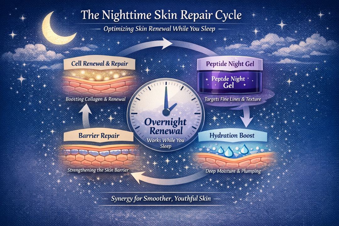 Infographic diagram showing the skin repair cycle at night and where a peptide-style night gel fits in.