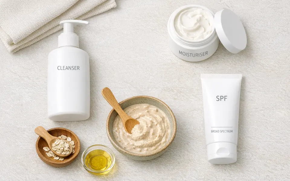 Flatlay of a simple dry-skin routine with cleanser, moisturiser, SPF, and a small bowl of DIY face mask