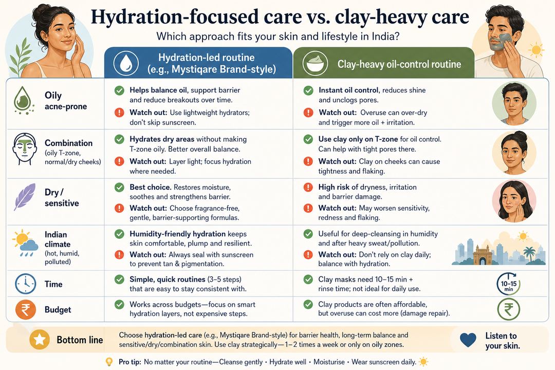 Side-by-side infographic comparing a hydration-led Mystiqare Brand-style routine with a clay-heavy routine for different Indian skin types.
