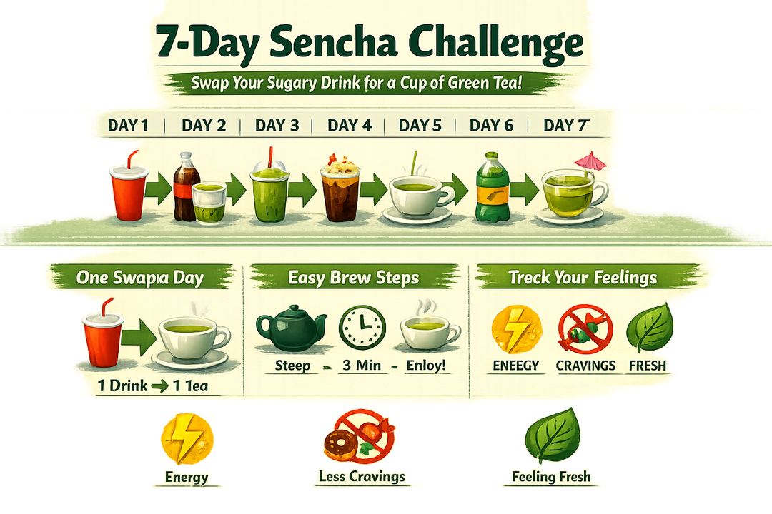 Infographic showing a 7‑day sencha challenge where one sugary drink each day is swapped for a cup of green tea, with icons for energy, cravings and freshness tracking.