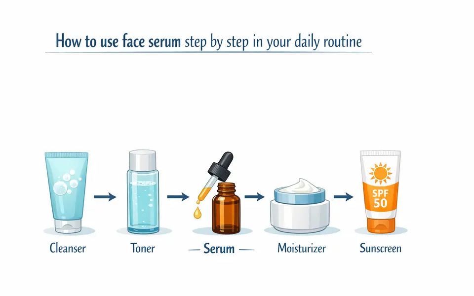 Diagram showing skincare order: cleanser, toner, serum, moisturizer, sunscreen