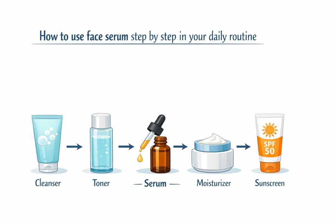 Diagram showing skincare order: cleanser, toner, serum, moisturizer, sunscreen
