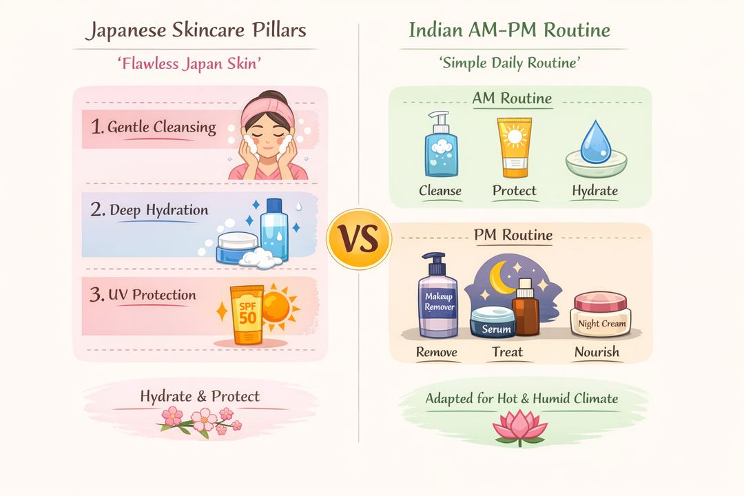 Infographic comparing Japanese skincare pillars with a simple Indian-friendly AM–PM routine.