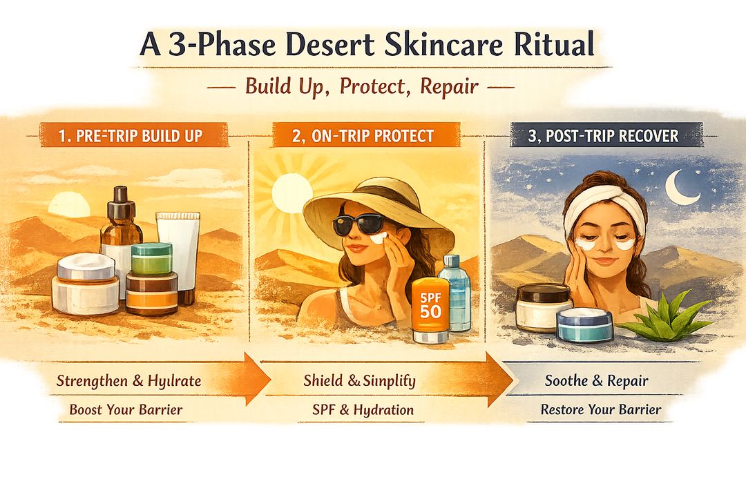 Infographic showing a 3-phase desert skincare ritual: pre-trip barrier build-up, minimal on-trip routine, and post-trip recovery.